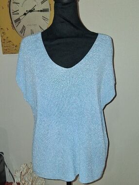 CeCe Light Blue Metallic V-Neck Sweater